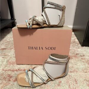 Thalia Sodi Iridescent Multi-Strip Flat Sandals in Nude and Silver
